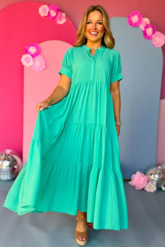 Emerald Button Front Tiered Short Sleeve Maxi Dress Elegant Wraparound Maxi Dress