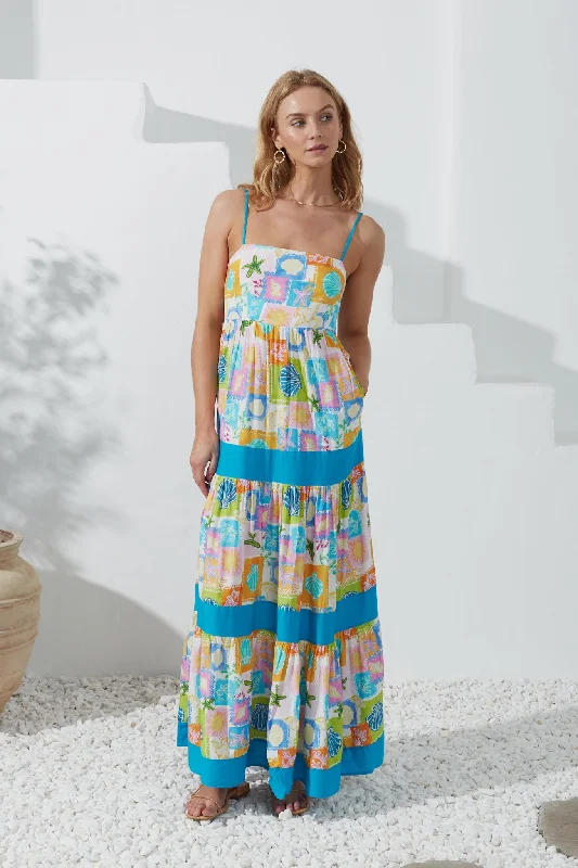 Erinne Blue Shells Abstract Tiered Maxi Dress Comfortable Bohemian Maxi Dress