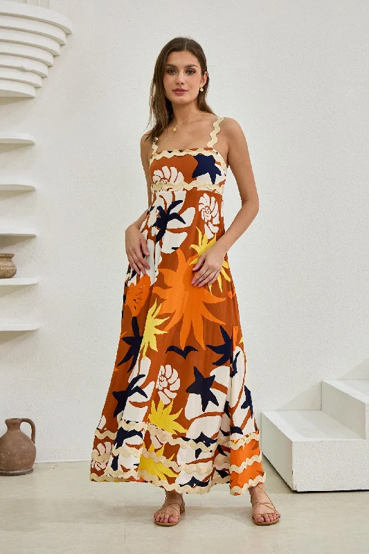 Esmeralda Orange Abstract Ric Rac Maxi Dress Trendy Fit-and-Flare Maxi Dress