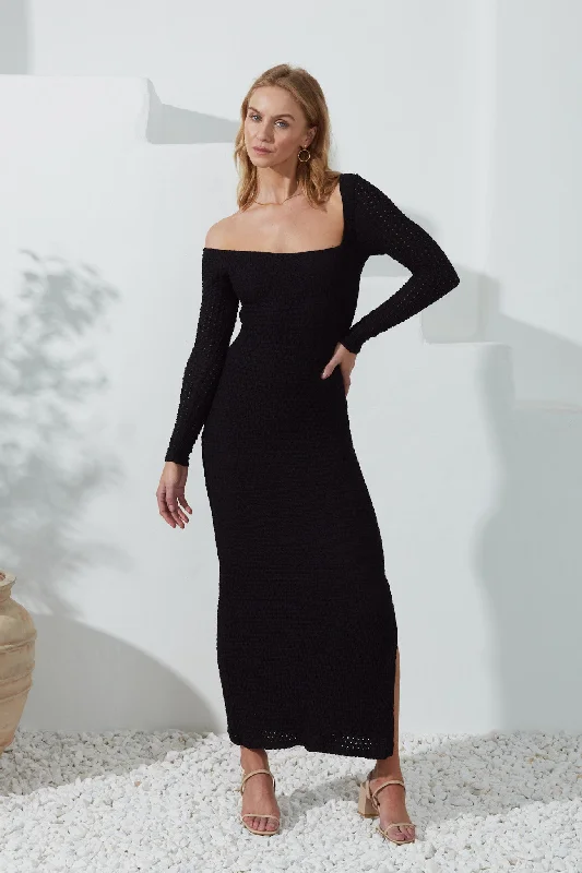 Fia Black Asymmetric Bodycon Maxi Dress Comfortable Long-Sleeve Maxi Dress