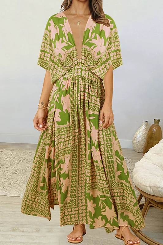 Floral Deep V Dolman Sleeve Split Maxi Dress Stylish Pleated A-Line Maxi Dress