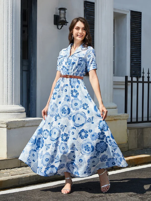 Floral Print Lapel Collar Short Sleeve Maxi Dress Stylish Empire Waist Maxi Dress
