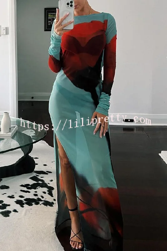 Mesh Floral Print Round Neck Long Sleeve Stretch Maxi Dress Stylish Longline Maxi Dress Mesh Floral Print Round Neck Long Sleeve Stretch Maxi Dress Stylish Longline Maxi Dress