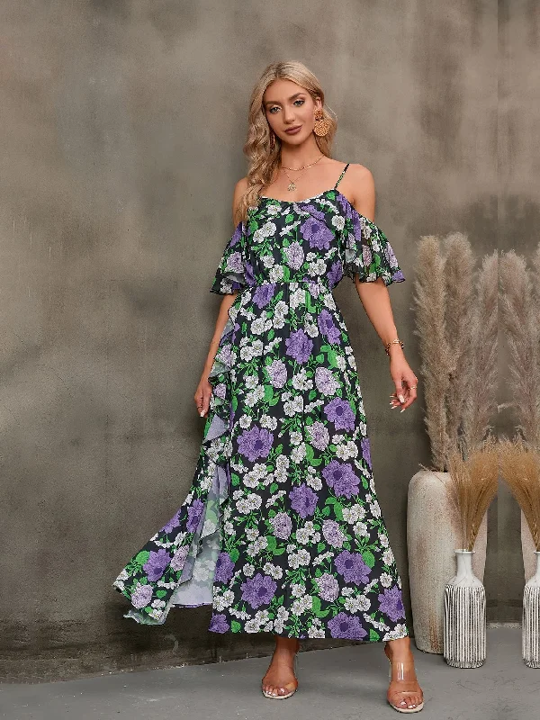 Floral Spaghetti Strap Cold-Shoulder Slit Maxi Dress Cozy Knitted Maxi Dress
