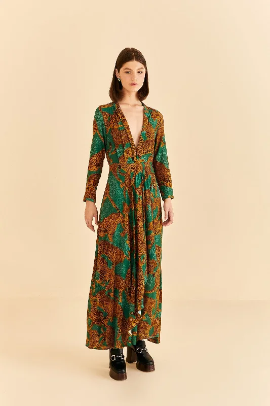 Green Artsy Leopards Long Sleeve Maxi Dress Comfortable Pleated Maxi Dress