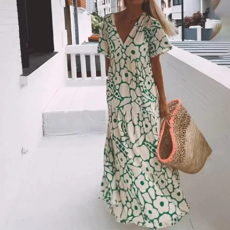 Green Short Sleeve Print Maxi Dress Comfortable Bohemian Maxi Dress