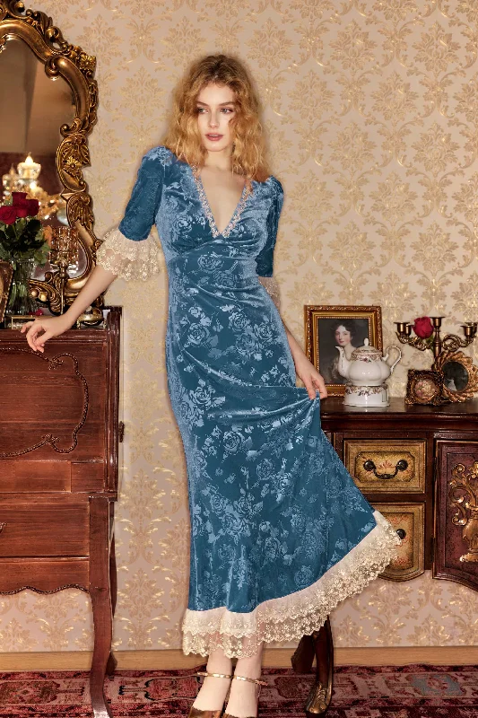 Gwyneth Lace Velvet Maxi Dress in Blue Comfortable Maxi Dress with Sleeves