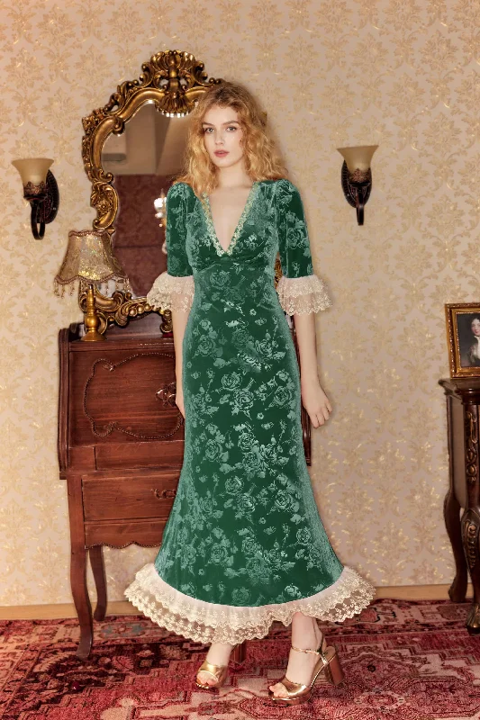 Gwyneth Lace Velvet Maxi Dress in Green Trendy Button Front Maxi Dress