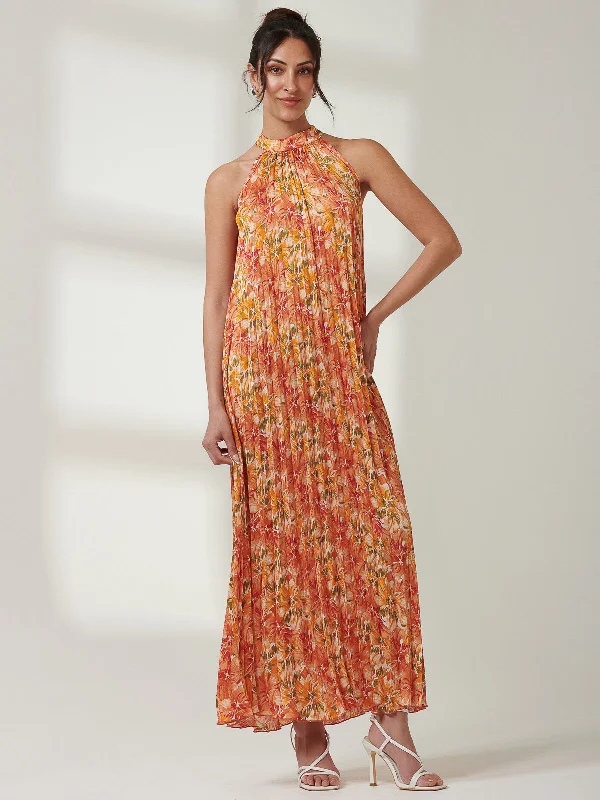 Halter Neck Pleated Maxi Dress, Orange Multi Comfortable Fit-and-Flare Maxi Dress