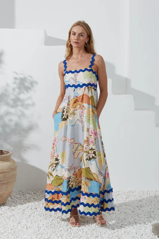 Hawaii Blue Tropical Ric Rac Maxi Dress Comfortable Bohemian Maxi Dress