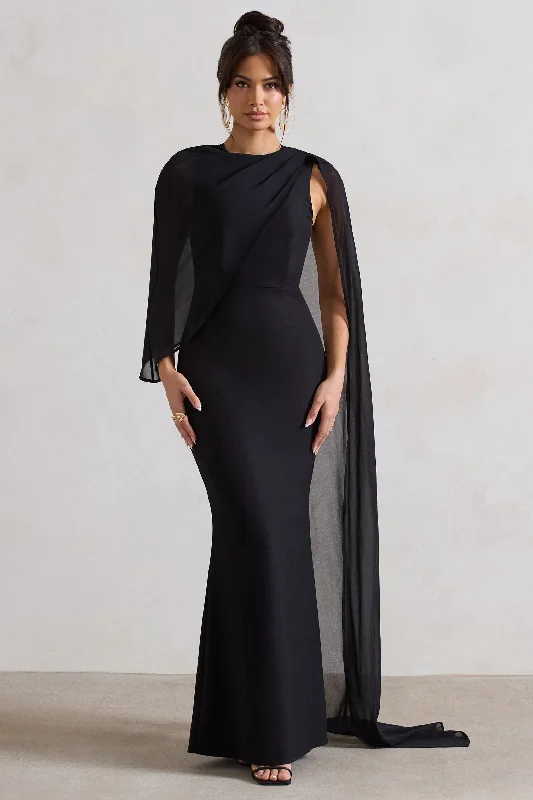 Haze | Black High-Neck Maxi Dress With Chiffon Cape Classic Tulle Maxi Dress