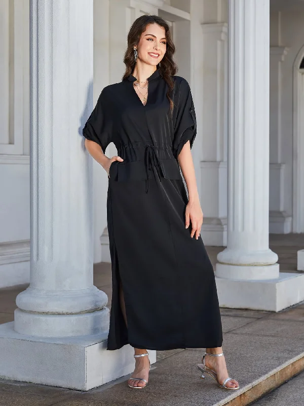 High Slit Roll-tab Sleeve Notched Neck Maxi Dress Fashionable Chiffon Maxi Dress