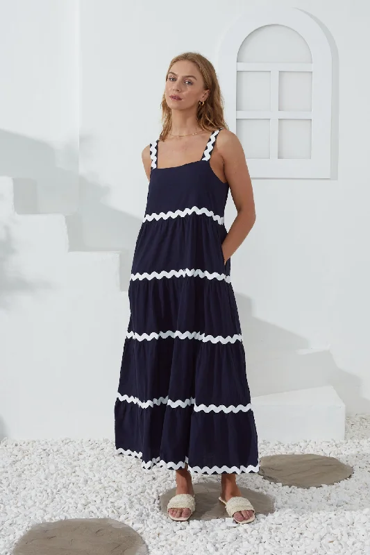 Kalliope Navy White Ric Rac Tiered Maxi Dress Trendy Floral Print Maxi Dress