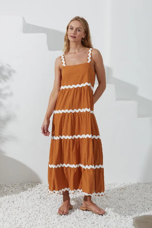 Kalliope Tan White Ric Rac Tiered Maxi Dress Fashionable Halter Neck Maxi Dress