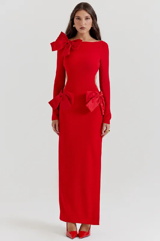 Lavele Red Bow Maxi Dress Elegant Wraparound Maxi Dress