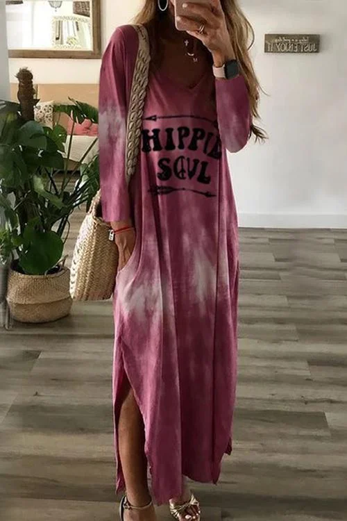 Letter Side Slit Long Sleeve Maxi Dress Elegant Wraparound Maxi Dress