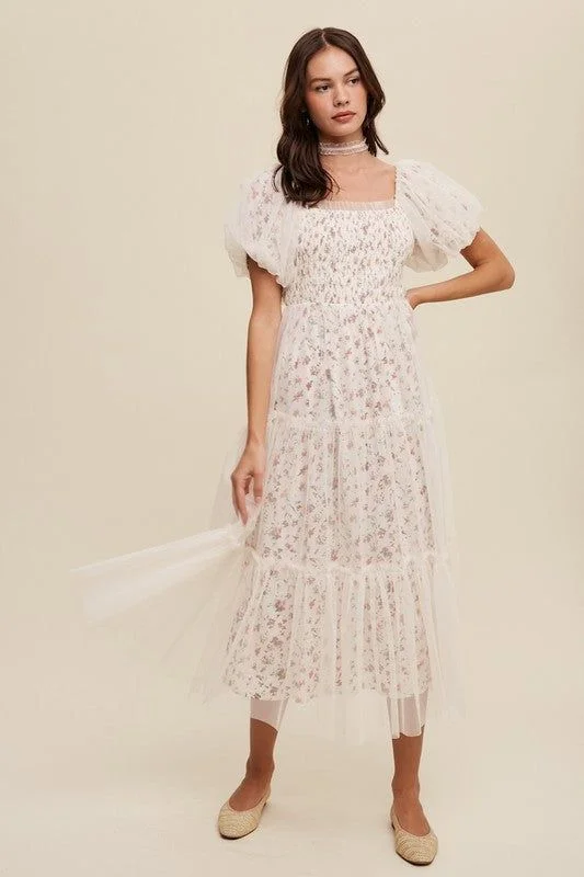 Listicle Floral Print and Mesh Puff Sleeve Maxi Dress Comfortable Fit-and-Flare Maxi Dress Listicle Floral Print and Mesh Puff Sleeve Maxi Dress Comfortable Fit-and-Flare Maxi Dress