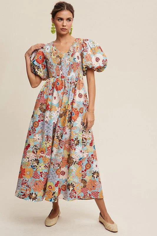Listicle Flower Print Smocked V-neck Puff Sleeve Maxi Dress Cozy Maxi Dress with Slit Listicle Flower Print Smocked V-neck Puff Sleeve Maxi Dress Cozy Maxi Dress with Slit