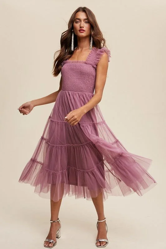 Listicle Smocked Ruffle Tiered Mesh Midi Maxi Dress Stylish Maxi Dress with Frills