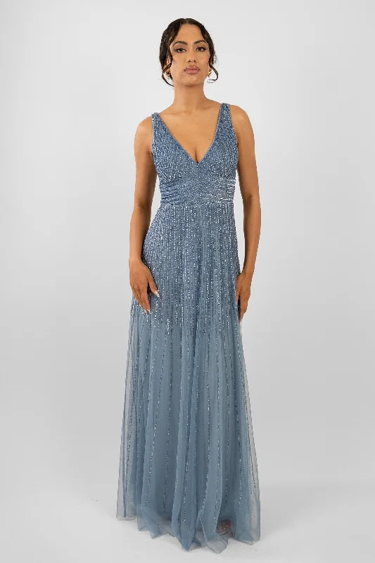Lorelai Dusty Blue Embellished Maxi Dress Stylish Boho Chic Maxi Dress