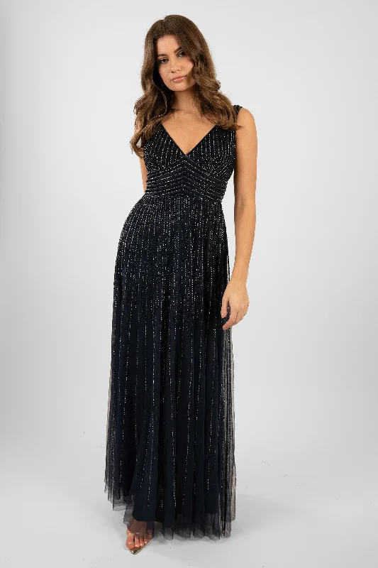 Lorelai Navy Blue Embellished Maxi Dress Cozy Maxi Dress with Slit
