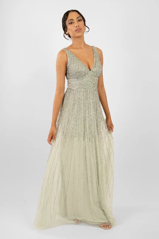 Lorelai Sage Green Embellished Maxi Dress Elegant Maxi Dress with Slit