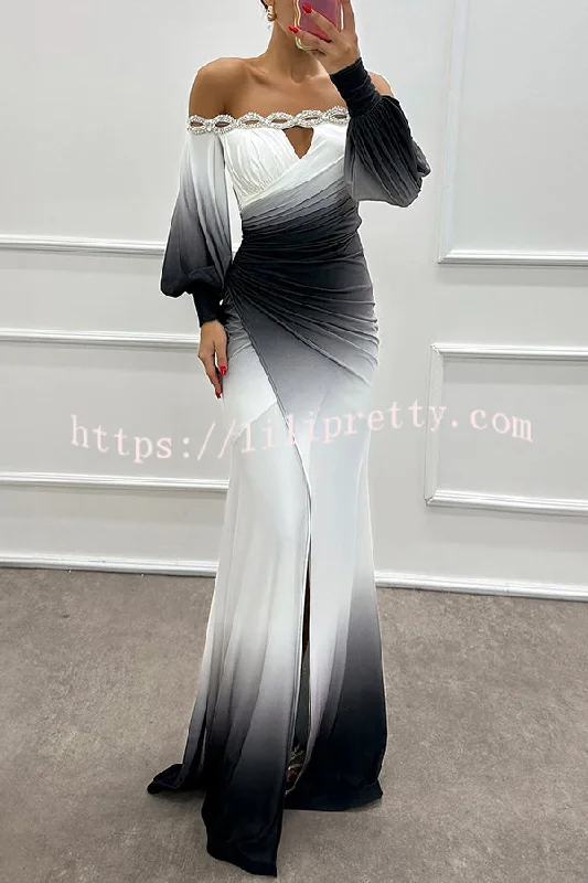 Julieta Gradient Print Boat Neck Off Shoulder Gem Detail Slit Gown Maxi Dress Elegant Maxi Dress with Ruffles Julieta Gradient Print Boat Neck Off Shoulder Gem Detail Slit Gown Maxi Dress Elegant Maxi Dress with Ruffles