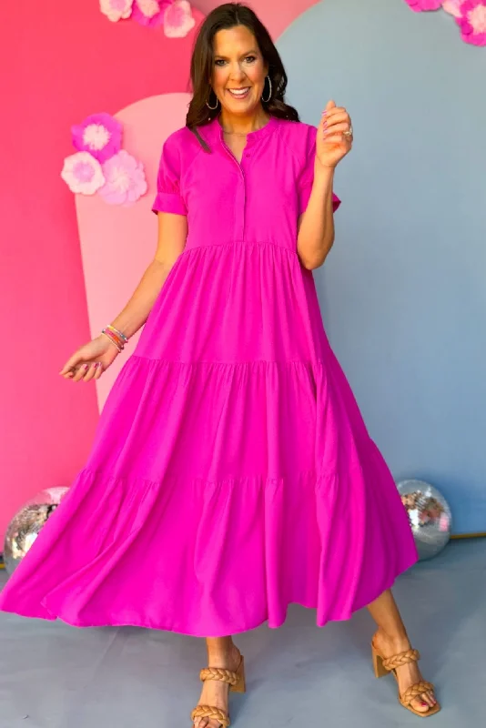 Magenta Button Front Tiered Short Sleeve Maxi Dress Stylish Boho Maxi Dress