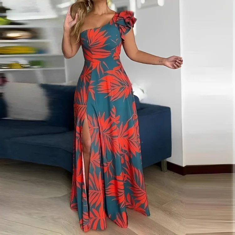 Maui Orange Palmetto Blue Asymmetrical Ruffle Maxi Dress Trendy A-Line Maxi Dress