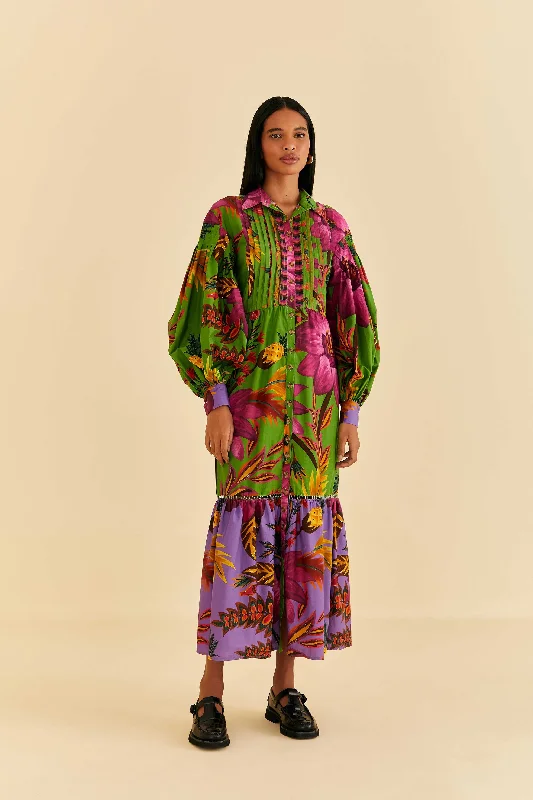 Maxi Flowers Organic Cotton Maxi Dress Comfortable Pleated Maxi Dress
