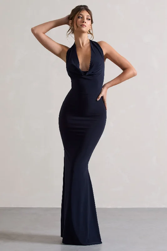 Milani | Navy Backless Cowl Neck Fishtail Maxi Dress Fashionable Layered Maxi Dress