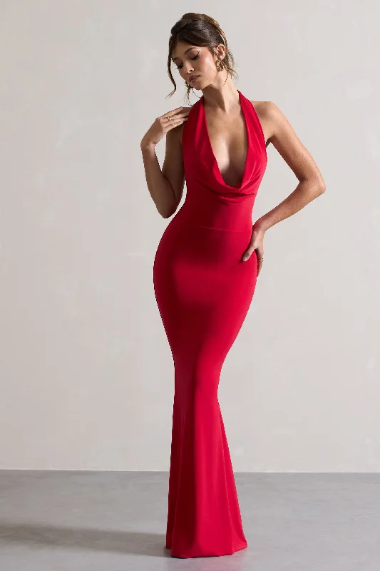 Milani | Red Backless Cowl Neck Fishtail Maxi Dress Stylish Empire Waist Maxi Dress