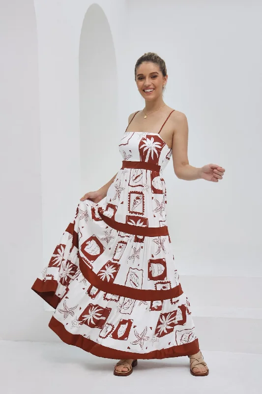 Mira Brown Sea Shells Tropical Tiered Maxi Dress Stylish One-Shoulder Maxi Dress