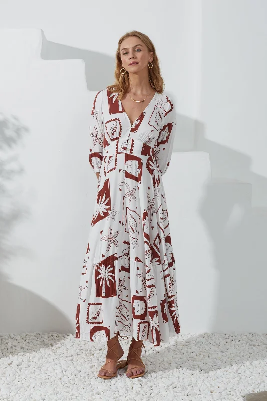 Mira Brown Sea Shells Tropical V-Neck Maxi Dress Comfortable Maxi Dress with Sleeves Mira Brown Sea Shells Tropical V-Neck Maxi Dress Comfortable Maxi Dress with Sleeves