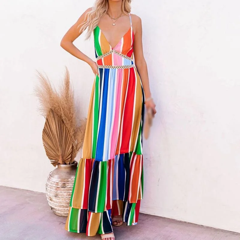 Multi Rainbow Print Maxi Dress Trendy Maxi Dress with Lace