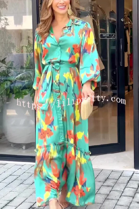 Multicolor Printed Lapel Balloon Sleeves Tie-waist Maxi Dress Comfortable Maxi Dress with Slits Multicolor Printed Lapel Balloon Sleeves Tie-waist Maxi Dress Comfortable Maxi Dress with Slits