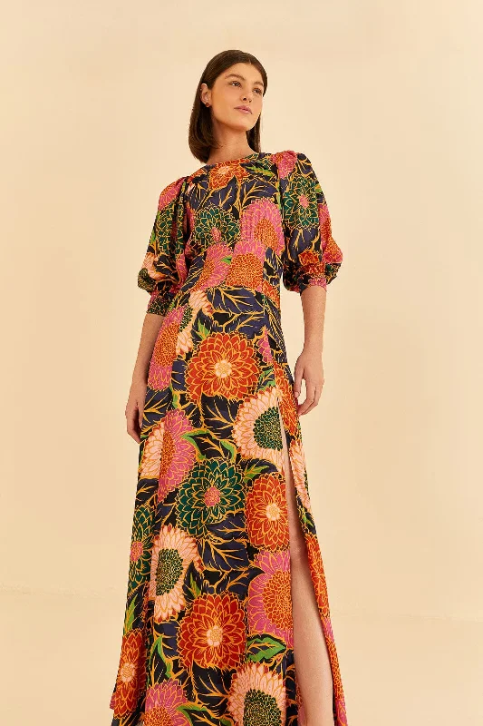 Multicolor Vintage Garden Puff Sleeve Maxi Dress Comfortable Bohemian Maxi Dress