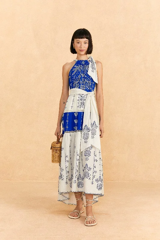 Navy Blue Embroidered Jungle Scarf Maxi Dress Chic Sleeveless Maxi Dress