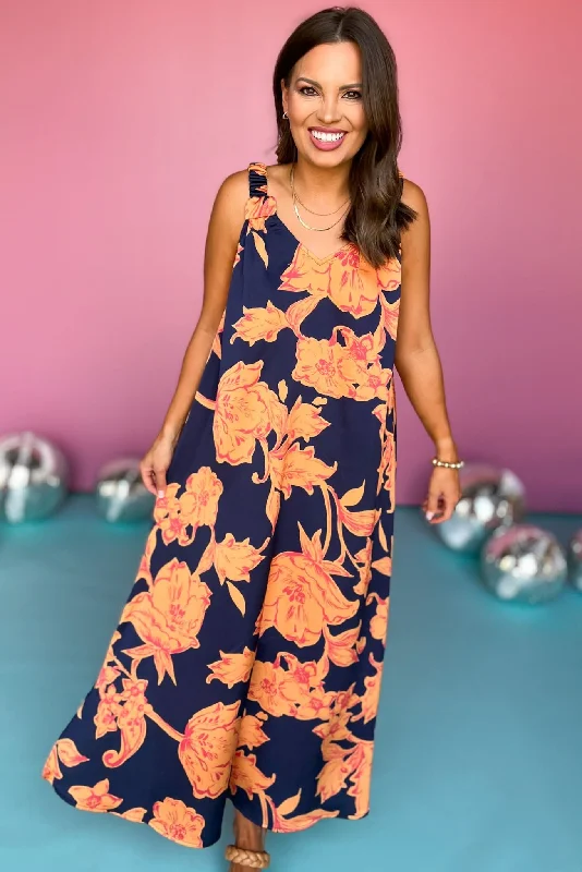 Navy Floral Print Side Slit Maxi Dress Elegant Maxi Dress with Lace