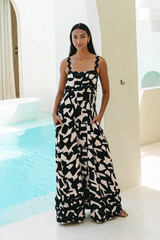 Nyx Black Abstract Geo Ric Rac Maxi Dress Elegant Maxi Dress with Pockets
