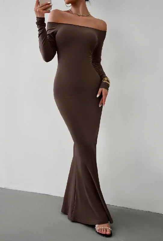 Off-Shoulder Long Sleeve Maxi Dress Elegant Lace-Up Maxi Dress