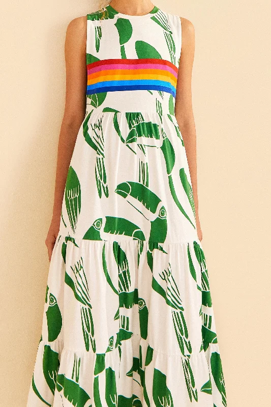Off-White Rainbow Toucans Organic Cotton Maxi Dress Comfortable Flowy Maxi Dress