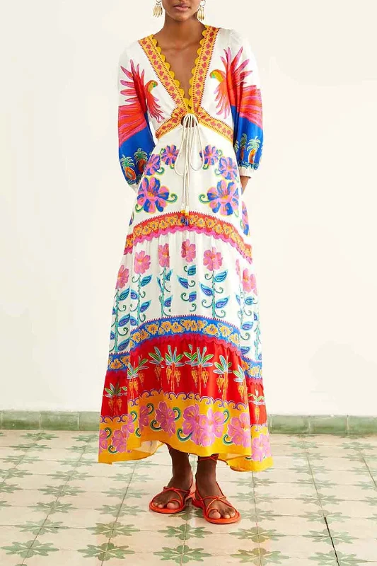 Off-White Vivid Garden Maxi Dress Fashionable Maxi Dress with Fringe