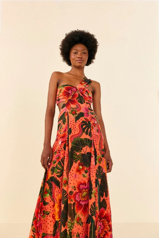 Orange Blooming Garden Maxi Dress Stylish Pleated A-Line Maxi Dress