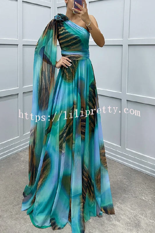 Lucia Unique Print Floral Detail One Shoulder Draped Sleeve Gown Maxi Dress Comfortable Ruffle Hem Maxi Dress