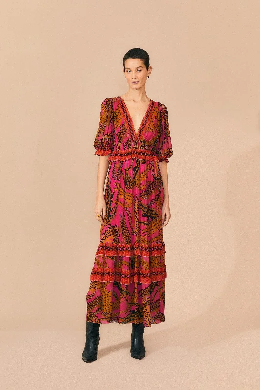 Pink Croco Short Sleeve Maxi Dress Trendy Maxi Dress with Belt
