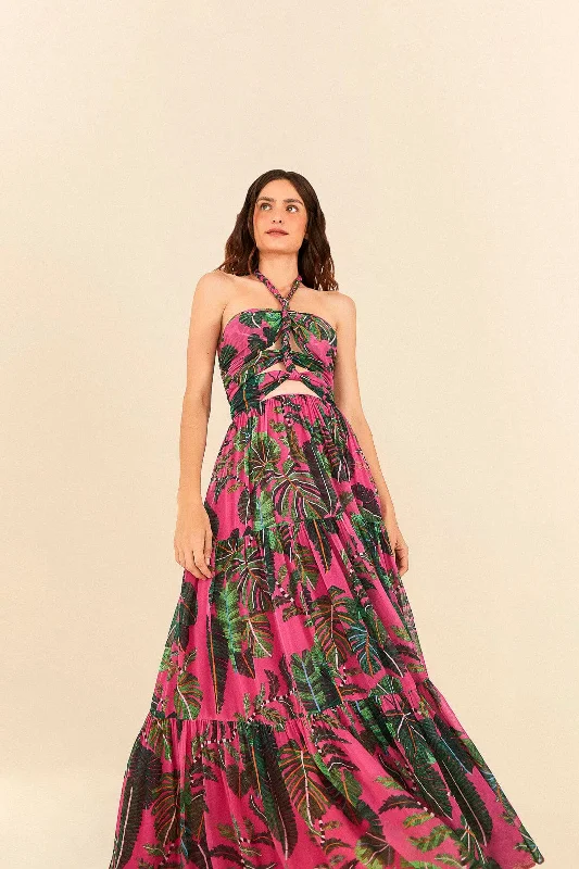 Pink Leaves Cut Out Maxi Dress Casual Maxi Dress with Pockets