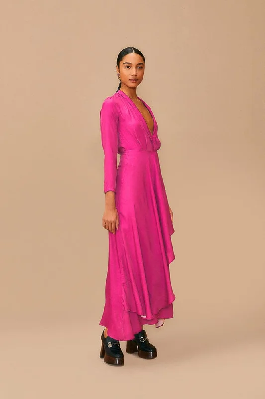 Pink Long Sleeve Maxi Dress Classic V-Neck Maxi Dress