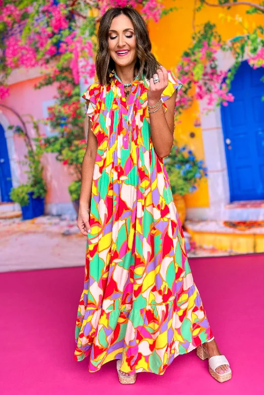 Pink Multi Printed Flutter Cap Sleeve V Neck Maxi Dress Elegant Maxi Dress with Ruffles Pink Multi Printed Flutter Cap Sleeve V Neck Maxi Dress Elegant Maxi Dress with Ruffles