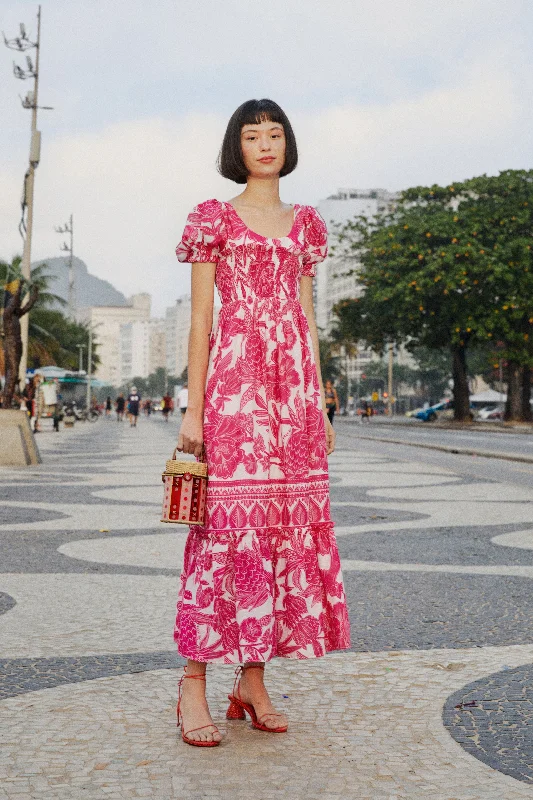 Pink Tropical Woodcut Maxi Dress Cozy Cold-Shoulder Maxi Dress